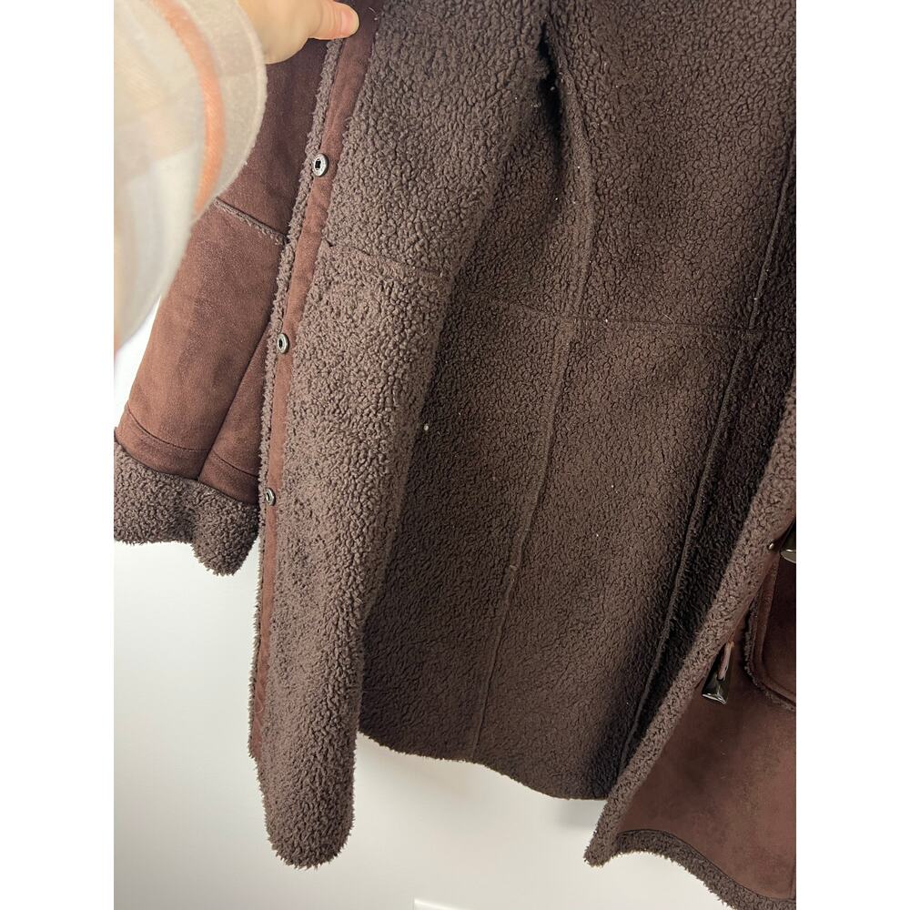 Vintage Talbots Chocolate Brown Faux Fur Trim Suede Toggle Coat Petite Large - Picture 6 of 8